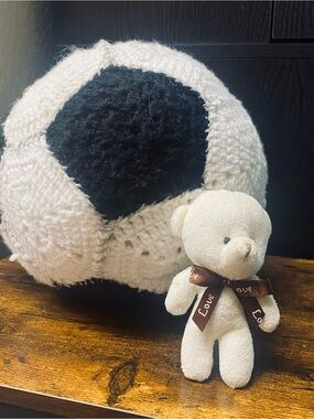 Handmade Crochet Soccer Ball Plush with Small White Teddy